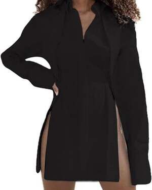 LYANER Women's Collar V Neck Blouse Long Sleeve Button Down Split Hem Long Shirt